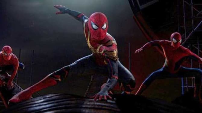 SPIDER-MAN: NO WAY HOME Stars Tom Holland, Andrew Garfield, & Tobey Maguire Strike A Pose In New BTS Photo