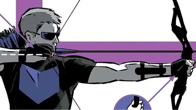 HAWKEYE Behind-The-Scenes Photo Features Jeremy Renner In Comic Accurate Purple Costume And Echo Suited Up